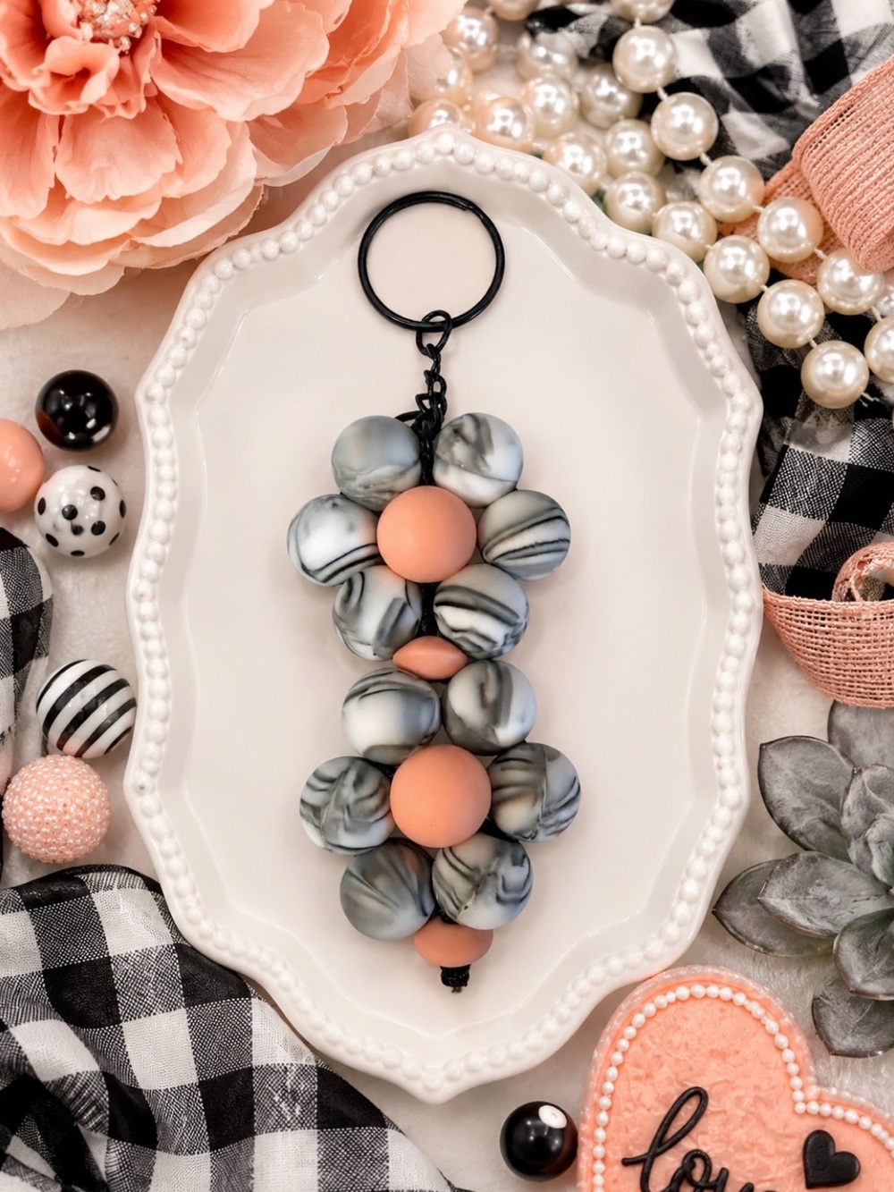 Hand Crafted Peach & Marble Bead Flower Keychain
